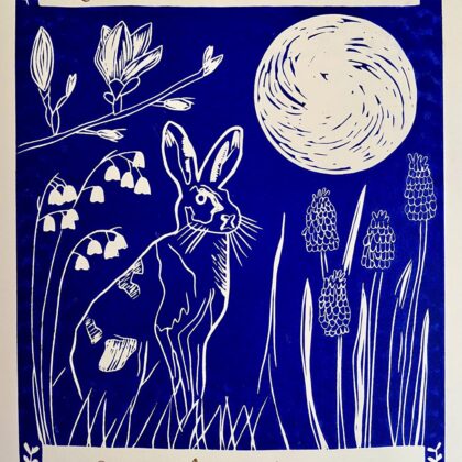 Hare in spring personalised linocut print calligraphy deep blue close up