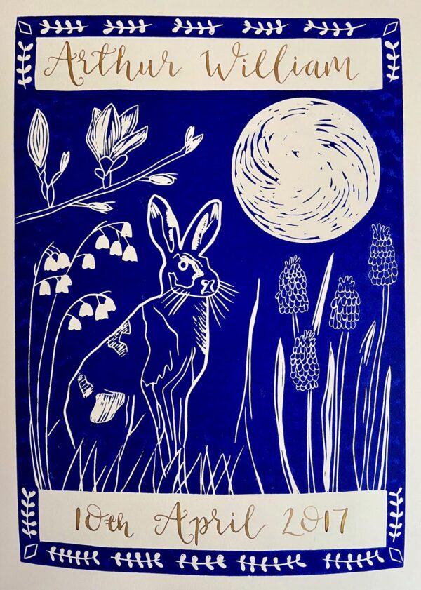 Hare in spring personalised linocut print calligraphy deep blue close up