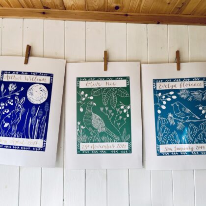 Hare in spring pheasant in autumn robin in winter linocut prints