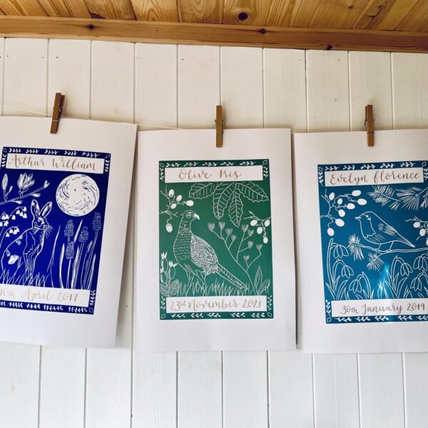Hare in spring pheasant in autumn robin in winter linocut prints