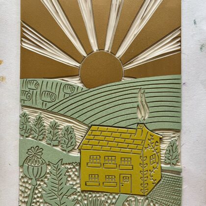 House in the hills inked lino block