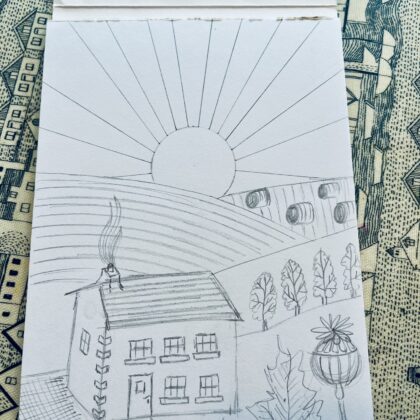 House in the hills pencil sketch