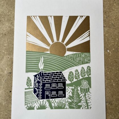 House in the hills prussian blue lino print