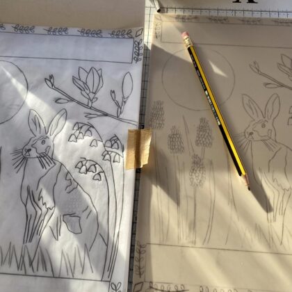 Image transfer to lino block hare in spring