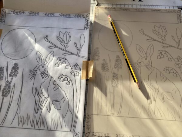 Image transfer to lino block hare in spring