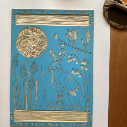 Inked hare in spring lino block blue