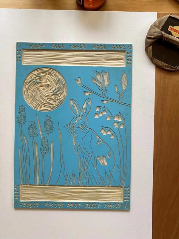 Inked hare in spring lino block blue