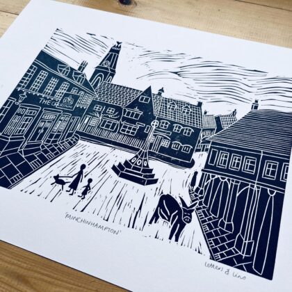 Minchinhampton lino cut navy close up