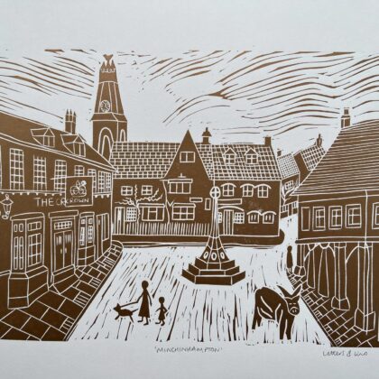 Minchinhampton lino cut print copper close up