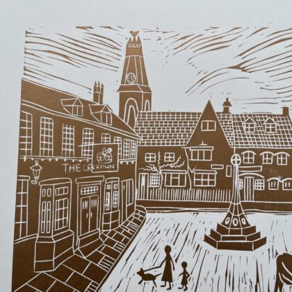 Minchinhampton lino cut print copper detail