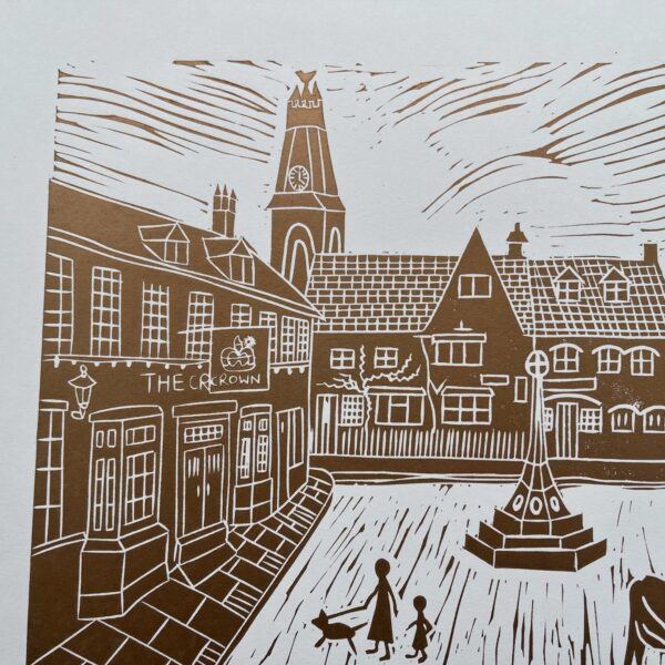Minchinhampton lino cut print copper detail