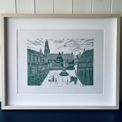 Minchinhampton lino cut print cotswold green framed