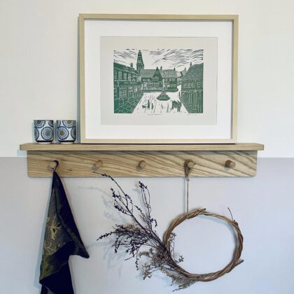 Minchinhampton lino cut print cotswold green framed display