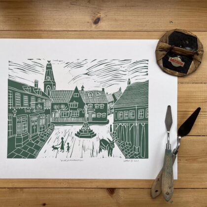 Minchinhampton lino cut print cotswold green unframed