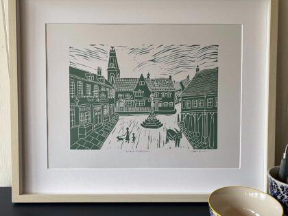 Minchinhampton linocut print cotswold green framed