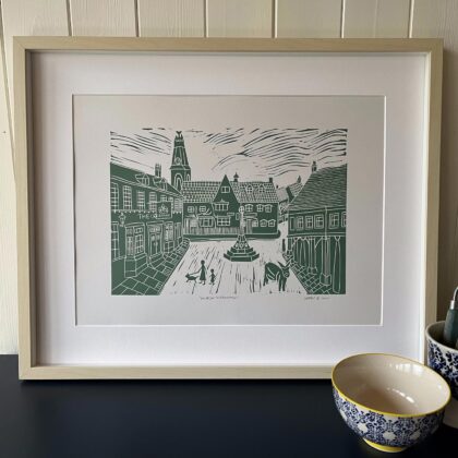 Minchinhampton linocut print cotswold green framed