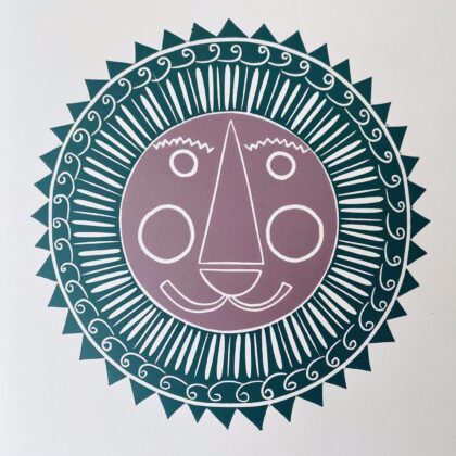 Mr lion green and dusky pink close up linocut print