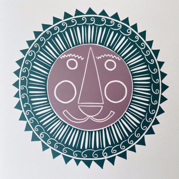 Mr lion green and dusky pink close up linocut print