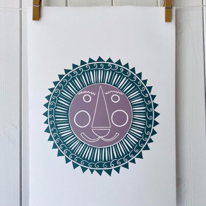 Mr lion green and dusky pink linocut print