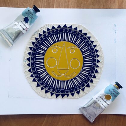 Mr lion jigsaw lino block inked