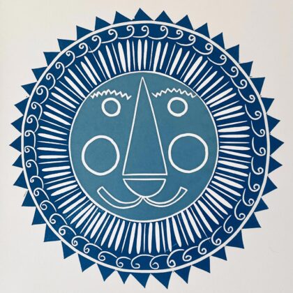 Mr lion lino cut print all the blues close up