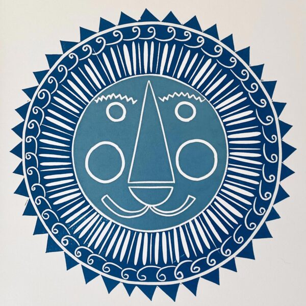 Mr lion lino cut print all the blues close up