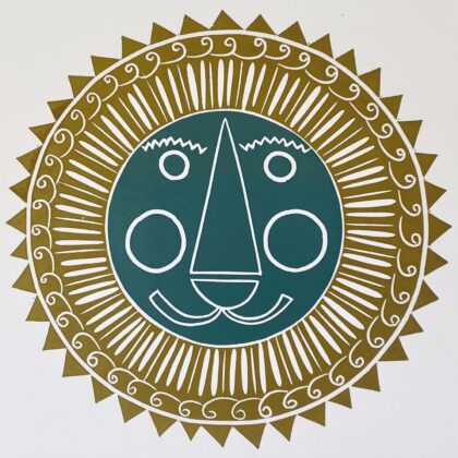 Mr lion lino cut print sand and green close up