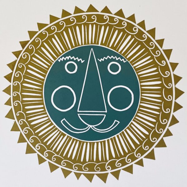 Mr lion lino cut print sand and green close up