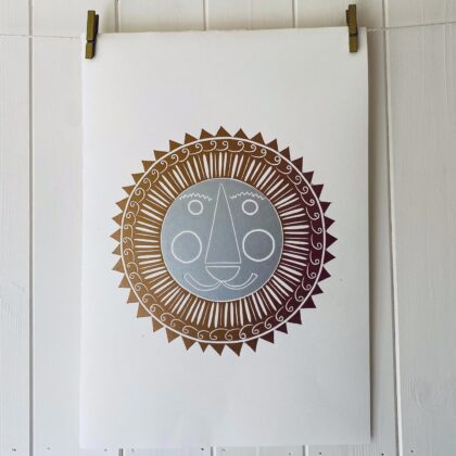 Mr lion linocut print copper and silver
