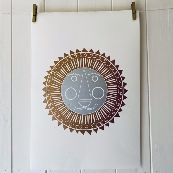Mr lion linocut print copper and silver