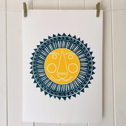 Mr lion linocut print green and yellow