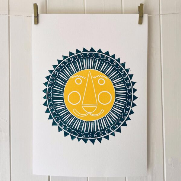 Mr lion linocut print green and yellow