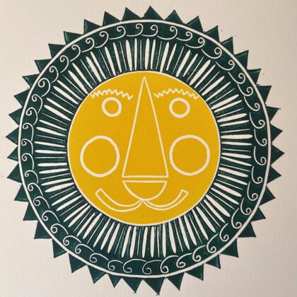 Mr lion linocut print green and yellow close up