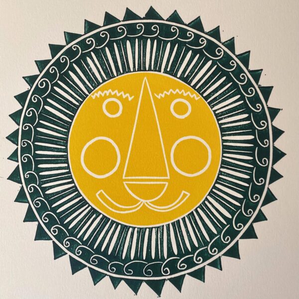 Mr lion linocut print green and yellow close up