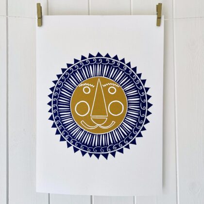 Mr lion linocut print navy and mustard