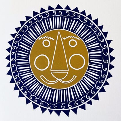 Mr lion linocut print navy and mustard close up