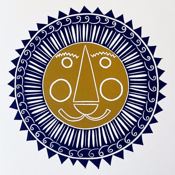 Mr lion linocut print navy and mustard close up