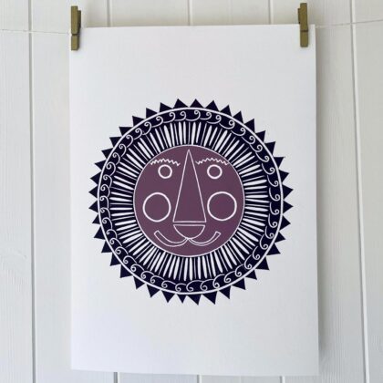 Mr lion linocut print purple and lavender