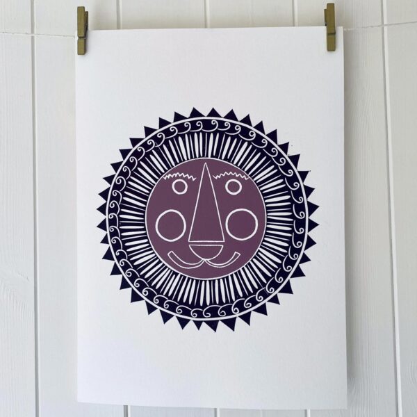 Mr lion linocut print purple and lavender