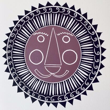 Mr lion linocut print purple and lavender close up