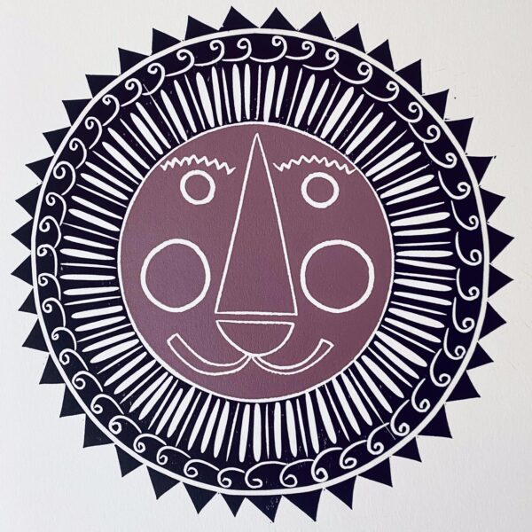 Mr lion linocut print purple and lavender close up