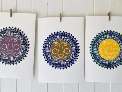 Mr lion linocut prints drying
