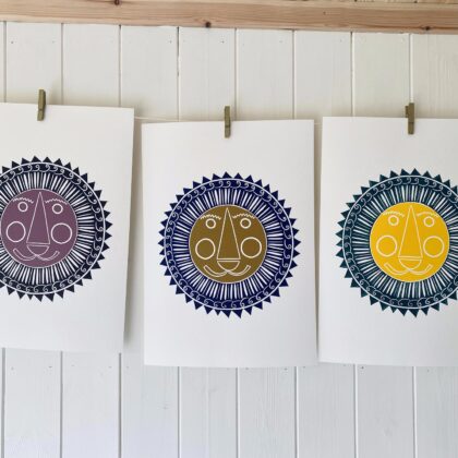 Mr lion linocut prints drying