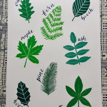Navy calligraphy large leaves linocut print