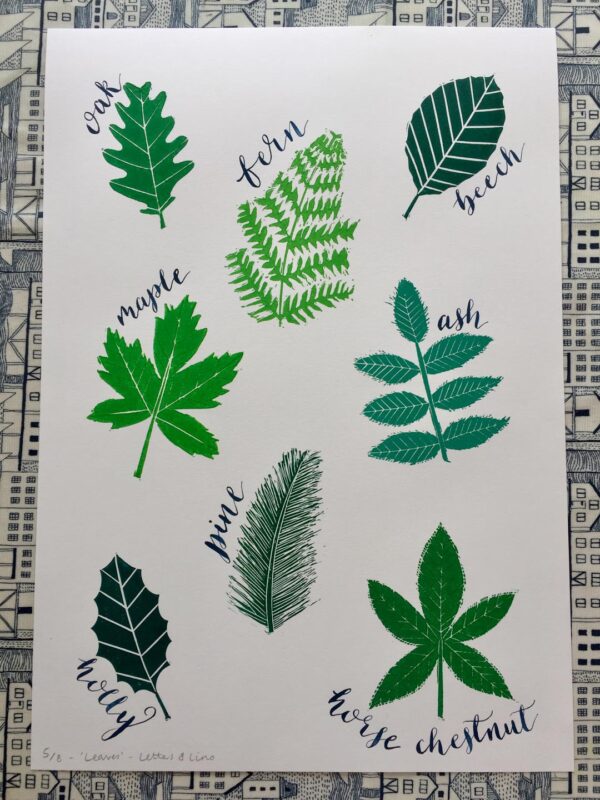 Navy calligraphy large leaves linocut print