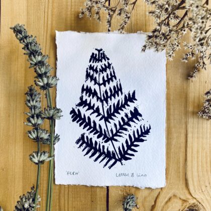 Navy fern lino cut print