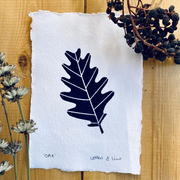 Navy oak lino cut print