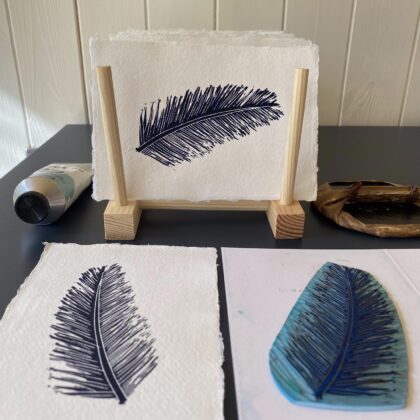 Navy pine leaf lino cut print block