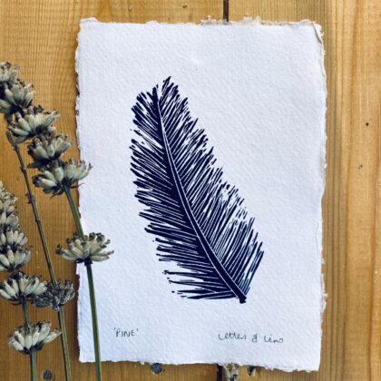 Navy pine leaf lino cut print handmade paper