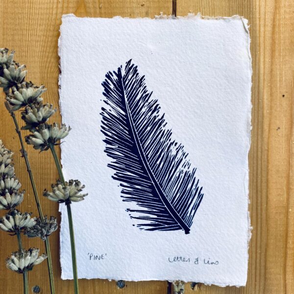 Navy pine leaf lino cut print handmade paper